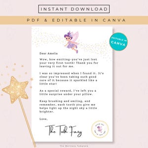 Carta del Hada de los Dientes, Carta para el primer diente, Nota del Hada de los Dientes, Plantilla Canva editable, Polvo de hadas, Imprimible rosa para niños, Recibo del Hada de los Dientes.