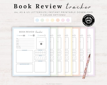 Könnte beinhalten: Ein druckbarer Buchrezensionstracker in sieben Pastellfarben. Das Design umfasst Abschnitte für Titel, Autor, Zusammenfassung und Bewertung. Der Text "Book Review tracker" steht oben.