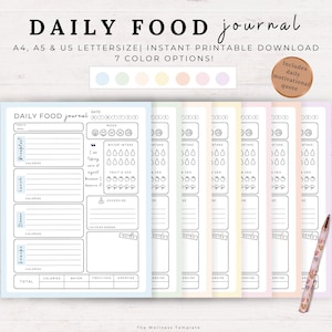 Diario de comidas imprimible, registro de calorías, registro de tareas de comidas, registro de actividad física, diario de comidas, descarga digital instantánea, tamaño A4, carta