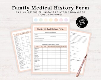 Family Medical History Form Printable, Chronic illness, Home Medical Binder insert, medical template, Family Illness, Disease Tracker PDF