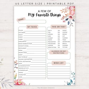 Lista de cosas favoritas, encuesta de cosas favoritas para la familia, favoritos de los empleados, encuesta de amigo invisible, encuesta para maestros, lista de deseos navideños en formato PDF