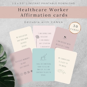 Affirmationskarten für medizinische Berufe. Druckbare Karten für Krankenschwester Studium und Motivation. Selbstfürsorge, psychische Gesundheit Vorlage Canva. PDF-Datei