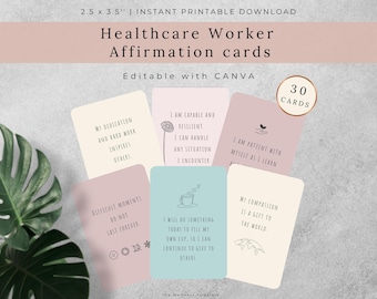 Affirmation Cards for Healthcare Professionals. Printable cards for Nurse study and motivation. Self Care, Mental Health template Canva. PDF