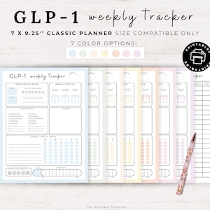 May include: A printable GLP-1 weekly tracker in a classic planner size, 7 x 9.25 inches, with 7 color options. The tracker includes sections for injection day notes, weekly check-in, side effects, notes, and weekly health goals. A pen is included.
