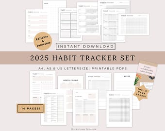 2025 Habit Tracker Printable, Habit Tracker Digital, Daily, Weekly, Monthly Habit Tracker, Habit Planner PDF, Motivation Planner