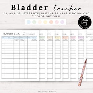 以下が含まれることがあります： 「Bladder tracker」のタイトルが付いた、印刷可能な膀胱トラッカー。7色のオプションがあり、A4、A5、USレターサイズで利用できます。カラフルな模様のペンが右側に置かれています。