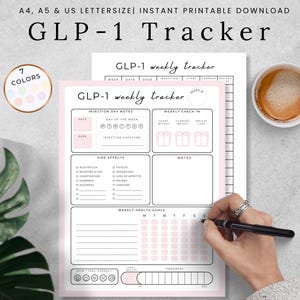 May include: Printable GLP-1 tracker with sections for injection day notes, weekly check-in, side effects, notes, and weekly health goals. The tracker has a pink and white color scheme and includes a section for tracking progress.