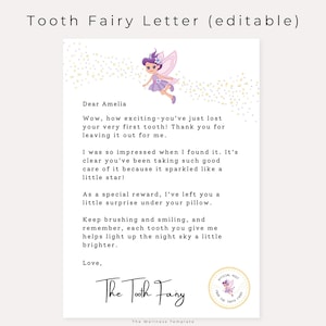 Carta da Fada do Dente, Mensagem sobre o primeiro dente, Modelo editável do Canva, Pó de fada, Fada do Dente rosa para imprimir para crianças, Recibo da Fada do Dente.