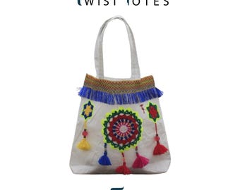 Bolsa de playa ecológica para ir a la compra: hecha a mano con plástico reciclado, detalles de lana y ágata. Bolso sostenible para el verano