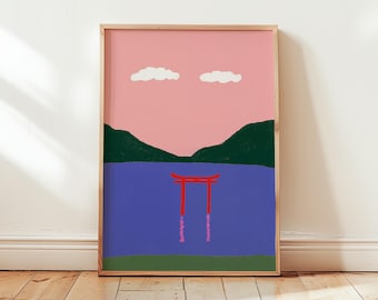 Itsukushima Shrine Torii Art Print, Minimalist Japanese Landscape Poster, Modern Zen-Inspired Wall Art, Torii Shrine Illustration