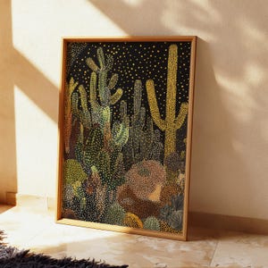 Impresión de cactus de noche en el desierto - Arte de pared del suroeste - Póster de cielo estrellado con saguaro - Decoración de paisaje de Arizona - Arte moderno bohemio para el hogar