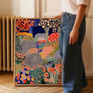 Framed Flowers Canvas - Yayoi Kusama Inspired Art - Modern Polka Dot Abstract - Japandi Botanical Wall Decor - Living Room Statement Artwork