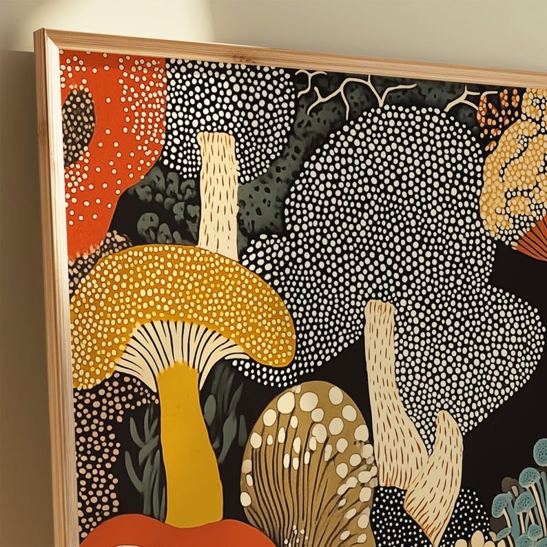 Lámina enmarcada de hongos para pared – Póster botánico abstracto inspirado en Yayoi Kusama – Regalo de arte moderno de cocina de estilo japonés imagen 4