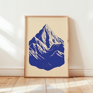 Impresión del Mont Blanc en azul cobalto, arte minimalista de los Alpes inspirado en Matisse, decoración de pared con un paisaje audaz