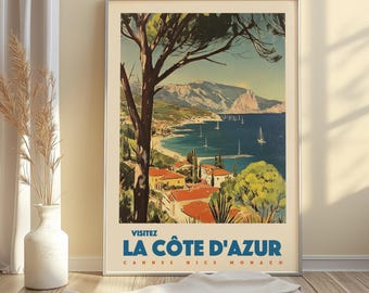 Póster de viaje de la Costa Azul, arte mural de la Riviera Francesa, impresión de Cannes, Niza, Mónaco, decoración costera mediterránea, arte costero francés retro