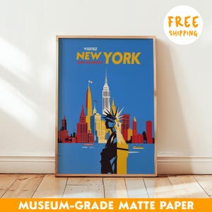 Poster di viaggio vintage di New York - Stampa skyline Art Déco - Arte murale retrò Air France - Decorazione della Statua della Libertà - Opera d'arte di metà secolo di New York