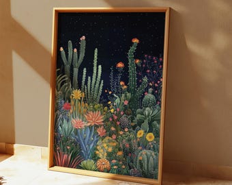 May include: A framed art print featuring a vibrant illustration of a desert landscape. The artwork showcases a variety of cacti and desert flowers in shades of green, yellow, pink, and blue against a dark blue night sky with stars. The frame is made of light-colored wood.