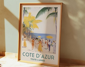 Póster de viaje de la Costa Azul: arte mural vintage de la Riviera Francesa, impresión retro de escena de playa, elegante decoración costera, regalo artístico para vacaciones de verano.