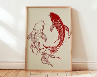 Red Koi Poster, Japanese Print, Vintage Wall Art, Gold Fish Art, Trendy Wall Art, Aesthetic Gallery, Japanese Art Print, Koi Fish Art Print