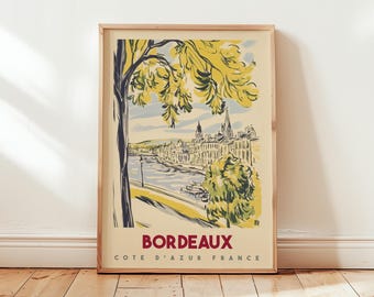 Bordeaux Vintage Travel Poster, French Riviera Art Print, Retro Cote d'Azur Wall Art, Scenic River Landscape Illustration, France Decor