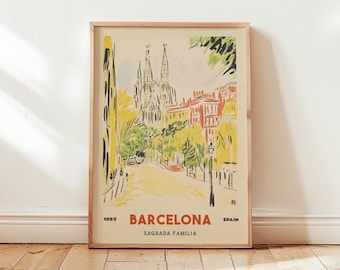 Barcelona Vintage Travel Poster, Sagrada Familia Wall Art, Retro Spain Architecture Print, Scenic City Illustration, Spanish Decor