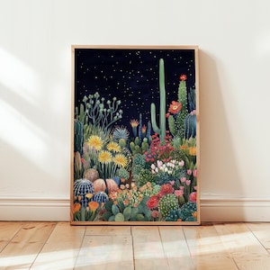 Gerahmter lebendiger Kaktusgarten Kunstdruck, Sternennacht Wüste Poster, Boho Botanische Wandkunst, Bunte Natur inspirierte Wohnkultur