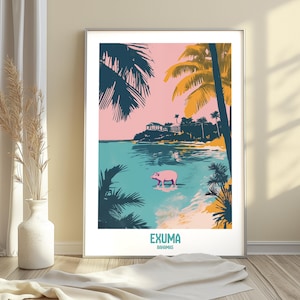 Póster de viaje a Exuma, Bahamas - Cerdos nadadores - Impresión artística "Tropical Bliss"