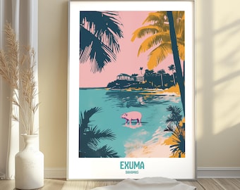 Exuma Bahamas Travel Poster - Swimming Pigs - Tropical Bliss Art Print