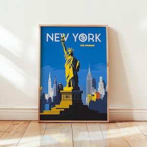 Poster Air France New York, stampa di viaggio aereo vintage, arte aeronautica francese retrò, decorazione murale della Statua della Libertà, poster di viaggio di metà secolo