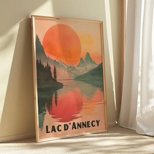 Lac d'Anannecy Reiseplakat, Französische Alpen Sonnenuntergang Kunstdruck, See Annecy Wandkunst, Vintage Berglandschaft Dekor, Retro Frankreich Reisekunst
