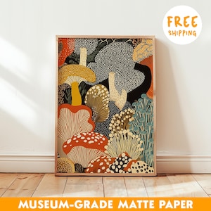 Lámina enmarcada de hongos para pared – Póster botánico abstracto inspirado en Yayoi Kusama – Regalo de arte moderno de cocina de estilo japonés imagen 1
