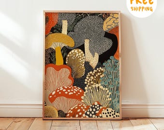 Mushroom Wall Art Print Framed Print – Yayoi Kusama Inspired Abstract Botanical Poster – Modern Japanese Style Kitchen Wall Art Gift