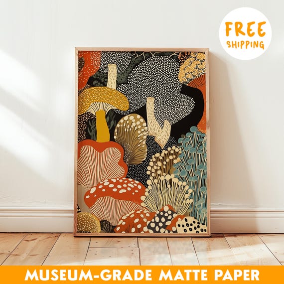Mushroom Wall Art Print Framed Print – Yayoi Kusama Inspired Abstract Botanical Poster – Modern Japanese Style Kitchen Wall Art Gift