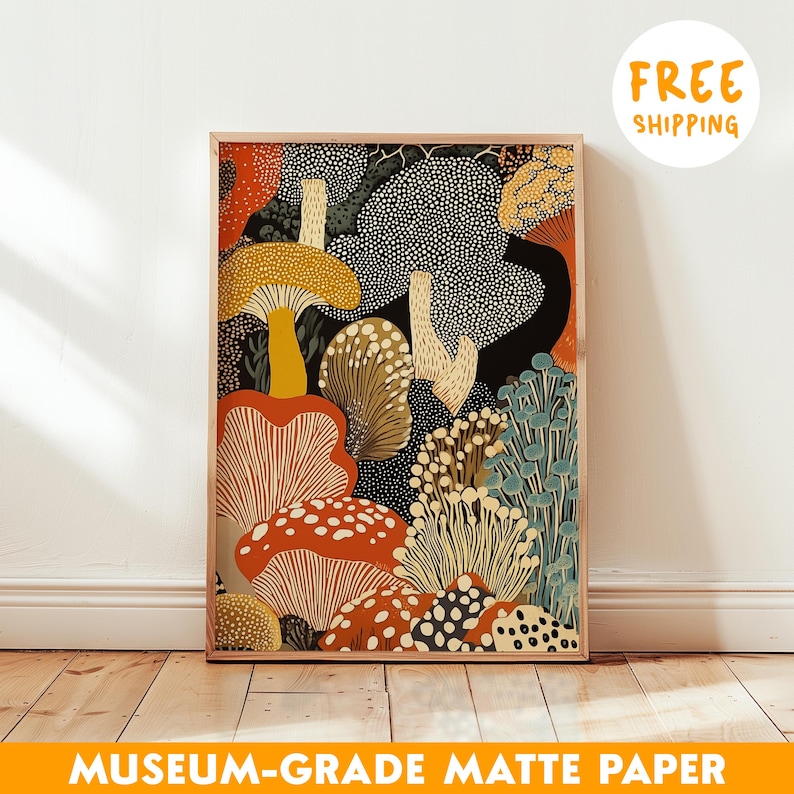 Lámina enmarcada de hongos para pared – Póster botánico abstracto inspirado en Yayoi Kusama – Regalo de arte moderno de cocina de estilo japonés imagen 1
