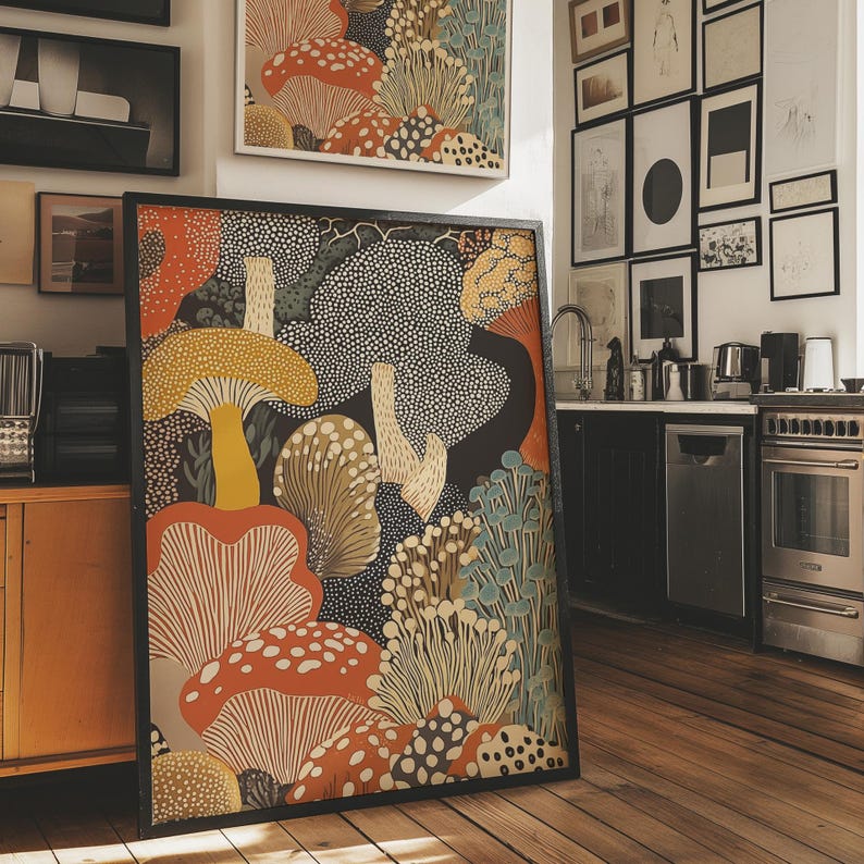 Lámina enmarcada de hongos para pared – Póster botánico abstracto inspirado en Yayoi Kusama – Regalo de arte moderno de cocina de estilo japonés imagen 7