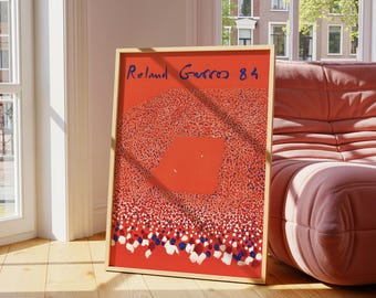 Impresión artística de tenis de Roland Garros de 1984, póster de cancha de arcilla roja, decoración de pared, obra de arte deportiva de estilo vintage, regalo para fanáticos y jugadores de tenis - Enmarcado