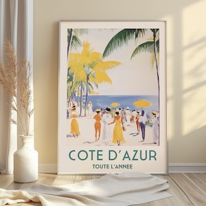 Póster de viaje de la Costa Azul: arte de pared vintage de la Riviera Francesa, impresión de escena de playa retro, decoración costera elegante, regalo artístico para vacaciones de verano