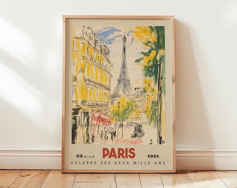 Paris Travel Poster, Vintage Eiffel Tower Art Print, 1950s French Wall Decor