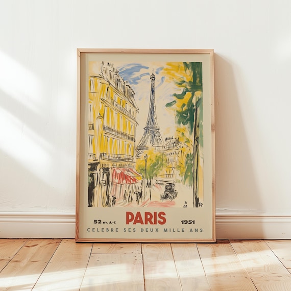 Paris Travel Poster, Vintage Eiffel Tower Art Print, 1950s French Wall Decor