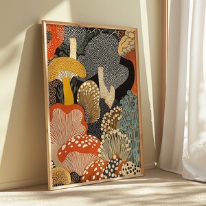 Lámina enmarcada de hongos para pared – Póster botánico abstracto inspirado en Yayoi Kusama – Regalo de arte moderno de cocina de estilo japonés imagen 3