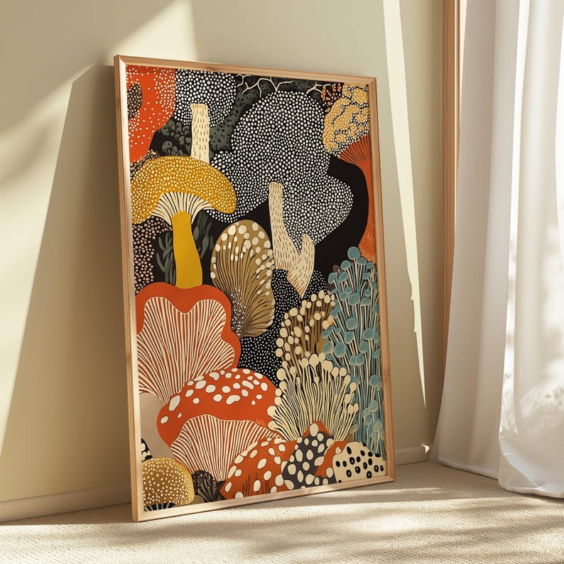 Lámina enmarcada de hongos para pared – Póster botánico abstracto inspirado en Yayoi Kusama – Regalo de arte moderno de cocina de estilo japonés imagen 3