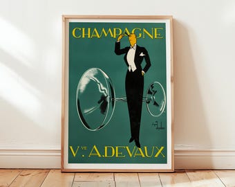 Póster de champán Veuve A. Devaux - Arte mural parisino - Lámina de Ernst Dryden - Decoración de bar art déco - Anuncio vintage de champán
