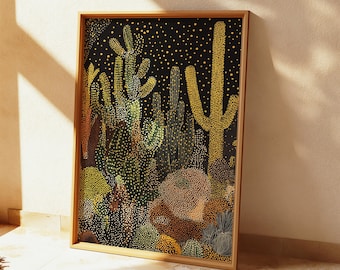Desert Wall Art: Saguaro Cactus Under Starry Sky - Modern Boho Style