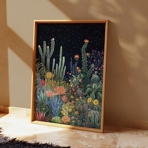 Sternenklare Nacht Kaktus Art Print, Himmlische Wüstenlandschaft Poster, Southwestern Wanddekoration, Nachthimmel Sukkulenten Kunst für Schlafzimmer oder Büro