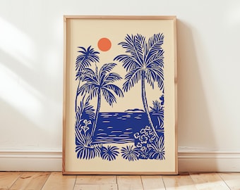 Cobalt Blue Tropical Palm Tree Print, Matisse-Inspired Beach Scene, Minimalist Island Art with Red Sun