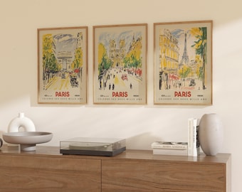 Paris Set of 3 Travel Posters, Vintage Eiffel Tower Art Print, French Wall Art, Champs-Élysées, Notre Dame Home Decor