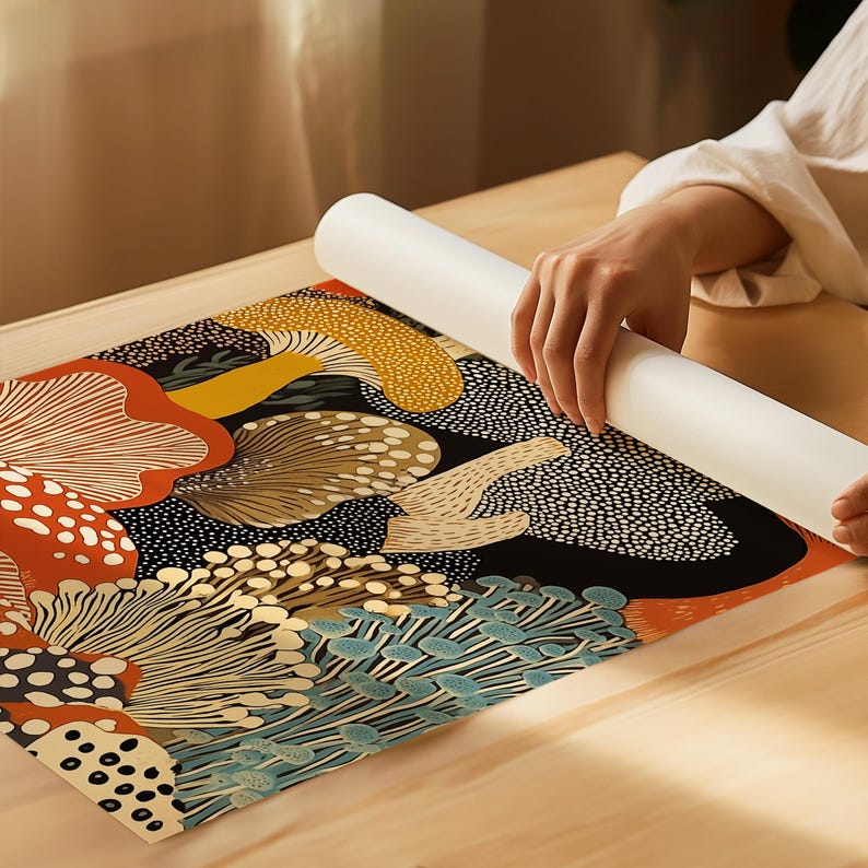 Lámina enmarcada de hongos para pared – Póster botánico abstracto inspirado en Yayoi Kusama – Regalo de arte moderno de cocina de estilo japonés imagen 2