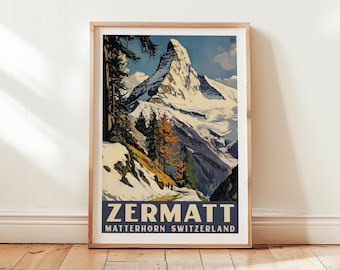 Zermatt Matterhorn Poster, Vintage Swiss Alps Wall Art, Zermatt Mountain Scene, Retro Travel Print, Vintage Alps Poster