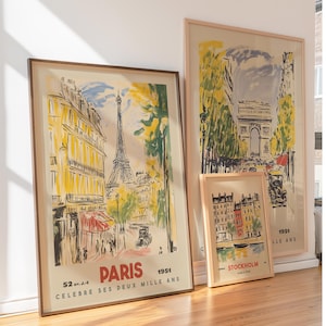 Paris Travel Poster, Vintage Eiffel Tower Art Print, 1950s French Wall Decor image 2