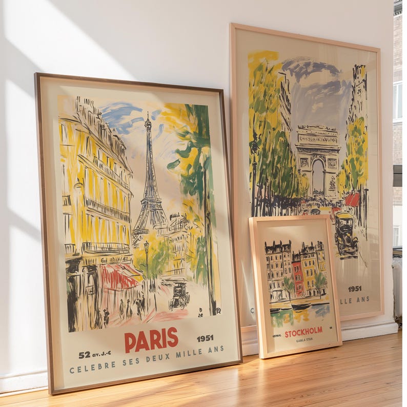 Paris Travel Poster, Vintage Eiffel Tower Art Print, 1950s French Wall Decor image 2